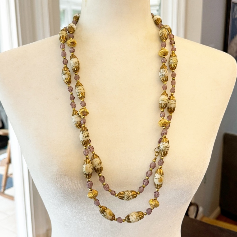 Set of Two Glossy Tan Desert Jasper/Murano Glass/Gold Tone Metal Bead Necklaces